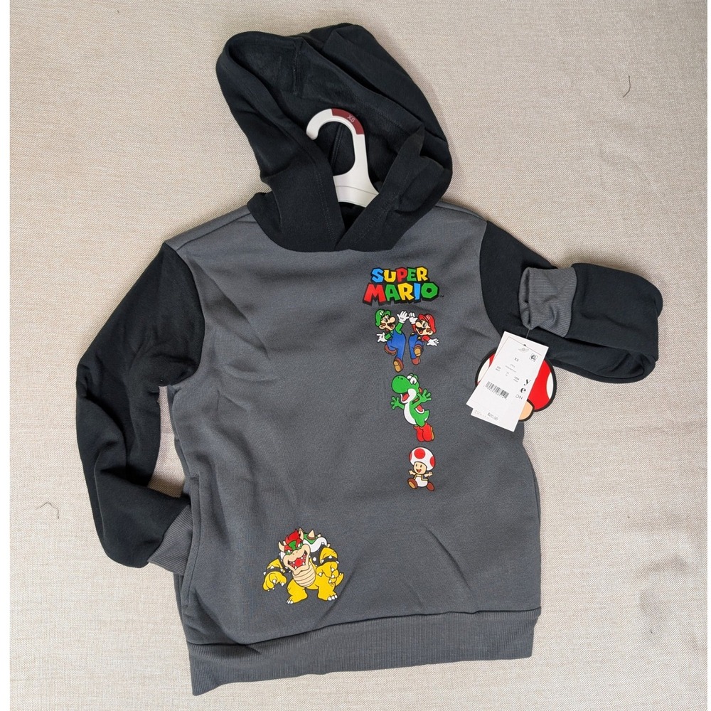 Nintendo Super Mario Hoodie Boys XS 4/5 Gray Black NWT Mario Luigi Graphic